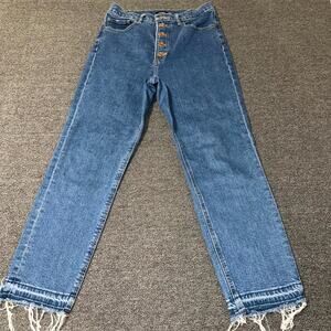 Express Mom Jeans Womens 6R Blue Denim Super High Rise Button Fly Frayed Hem